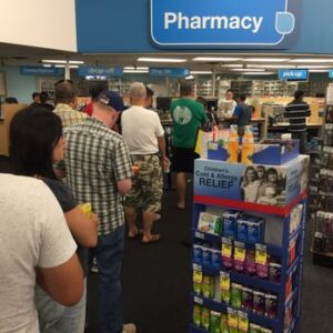 Long line at a pharmacy